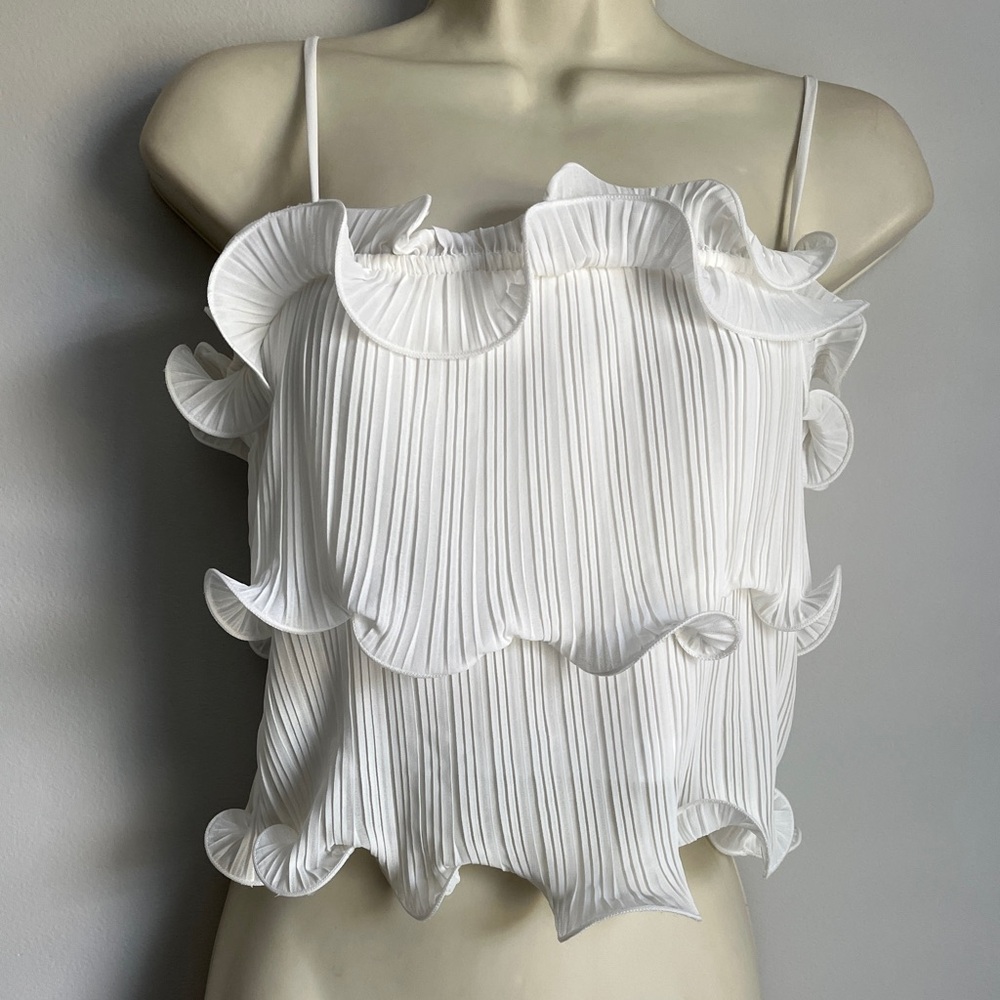 New Lush Women’s Ivory Adjustable Spaghetti Stap Ruffle Lined Tiered Crop Top S